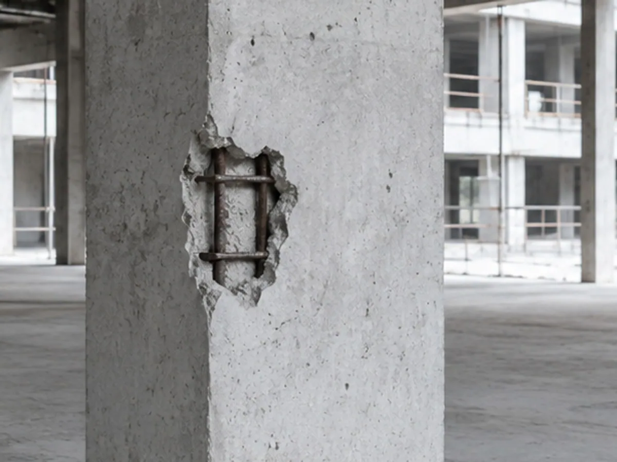 Illustrative C-14 column with local surface damage and exposed reinforcement.