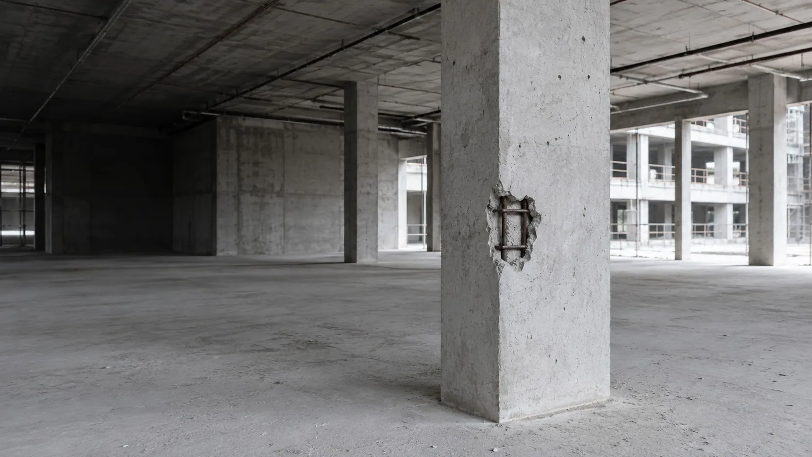 Illustrative construction scene with exposed reinforcement on a concrete column.